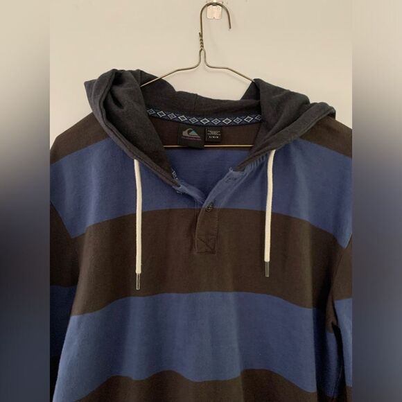 Quiksilver Pullover Hoodie Button Sweatshirt Striped Blue Brown Gray Size L - Picture 3 of 5